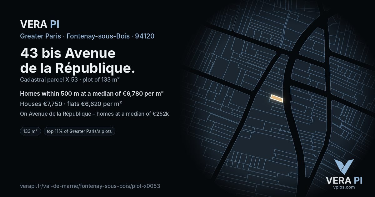 43 bis Avenue de la République, Fontenay-sous-Bois at night – the plot lit, the parcels around coloured by the prices near them