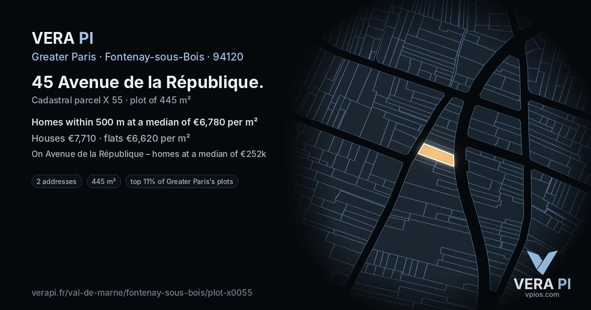 45 Avenue de la République, Fontenay-sous-Bois at night – the plot lit, the parcels around coloured by the prices near them