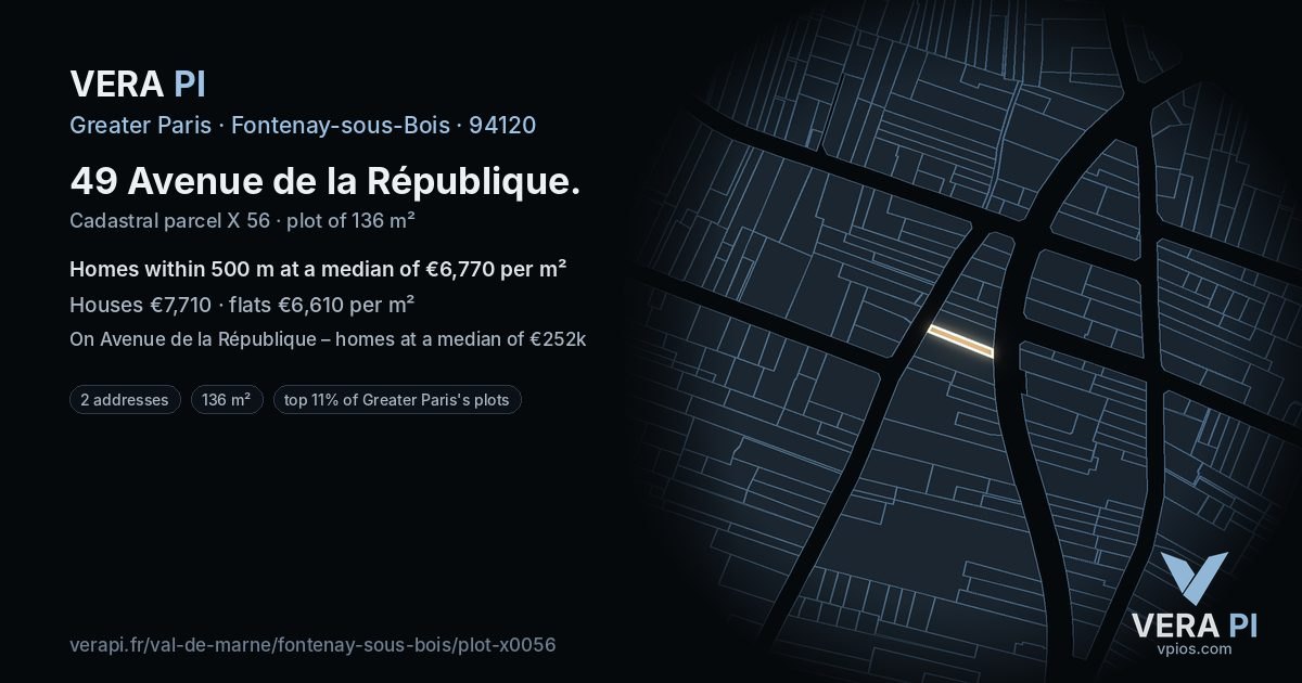 49 Avenue de la République, Fontenay-sous-Bois at night – the plot lit, the parcels around coloured by the prices near them