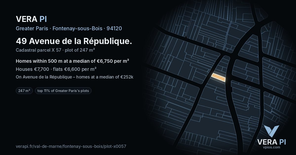 49 Avenue de la République, Fontenay-sous-Bois at night – the plot lit, the parcels around coloured by the prices near them