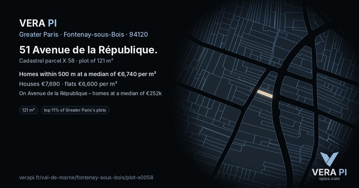 51 Avenue de la République, Fontenay-sous-Bois at night – the plot lit, the parcels around coloured by the prices near them