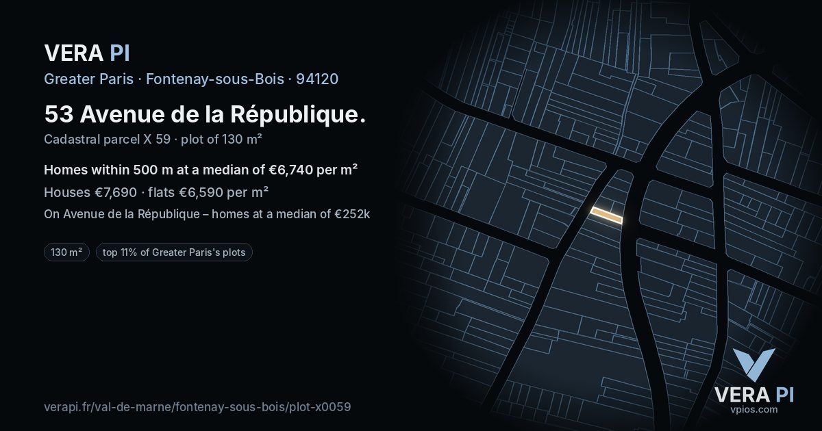 53 Avenue de la République, Fontenay-sous-Bois at night – the plot lit, the parcels around coloured by the prices near them