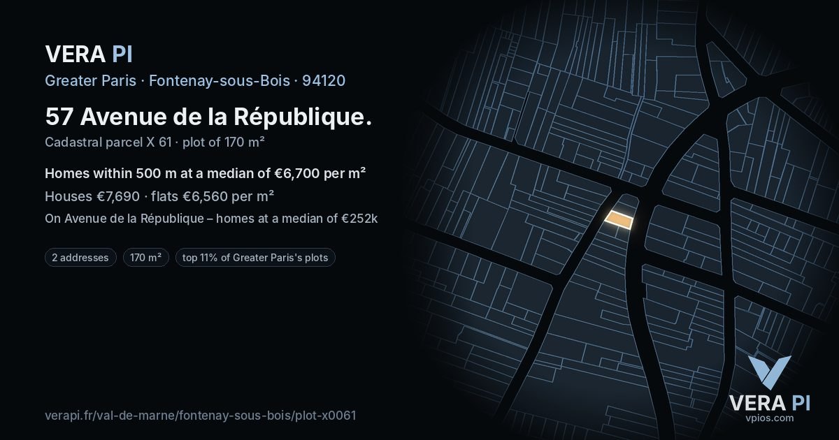 57 Avenue de la République, Fontenay-sous-Bois at night – the plot lit, the parcels around coloured by the prices near them