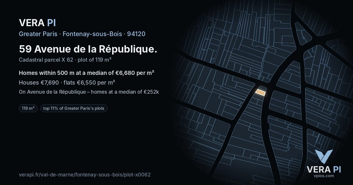 59 Avenue de la République, Fontenay-sous-Bois at night – the plot lit, the parcels around coloured by the prices near them