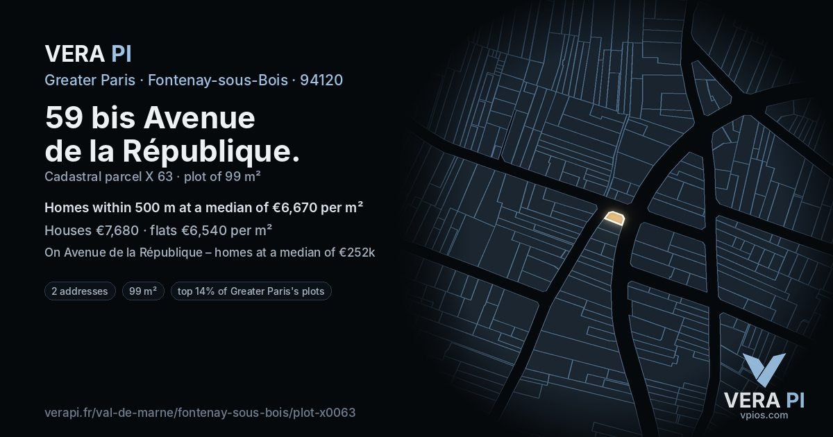 59 bis Avenue de la République, Fontenay-sous-Bois at night – the plot lit, the parcels around coloured by the prices near them