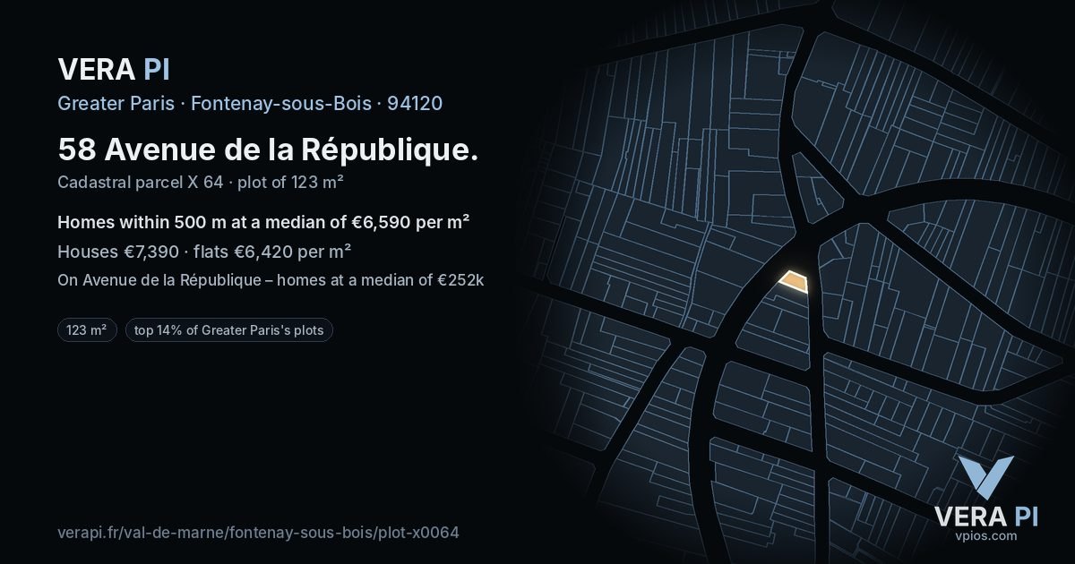 58 Avenue de la République, Fontenay-sous-Bois at night – the plot lit, the parcels around coloured by the prices near them