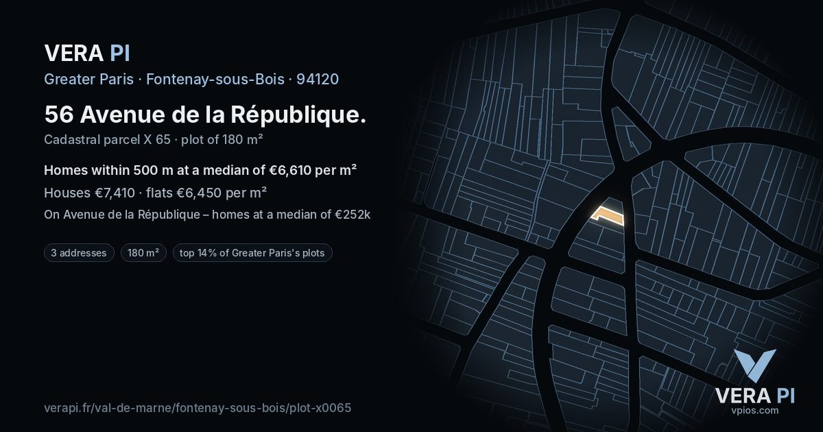 56 Avenue de la République, Fontenay-sous-Bois at night – the plot lit, the parcels around coloured by the prices near them