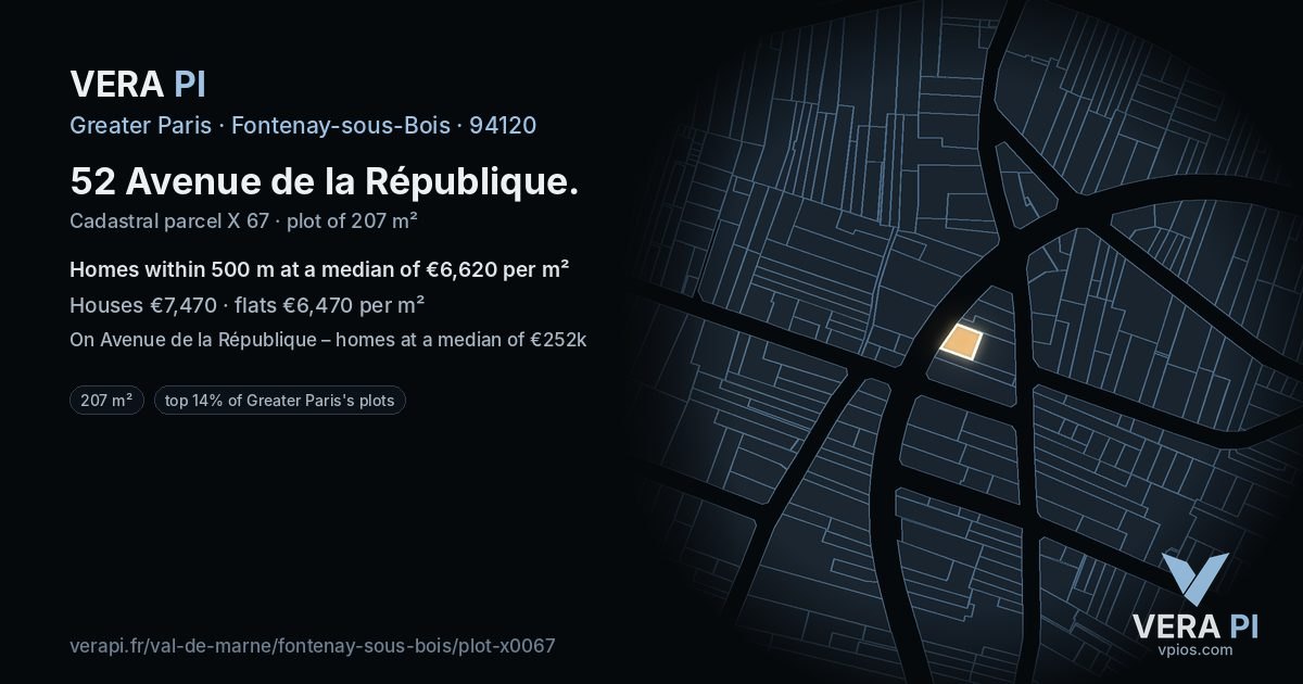 52 Avenue de la République, Fontenay-sous-Bois at night – the plot lit, the parcels around coloured by the prices near them