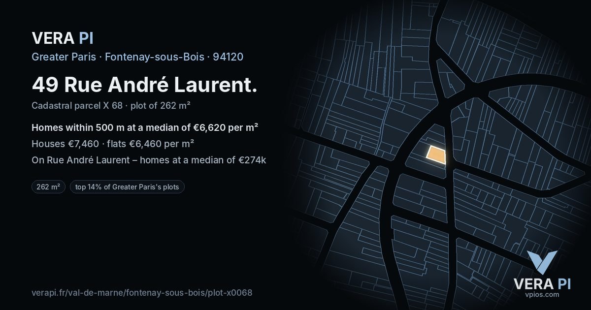 49 Rue André Laurent, Fontenay-sous-Bois at night – the plot lit, the parcels around coloured by the prices near them