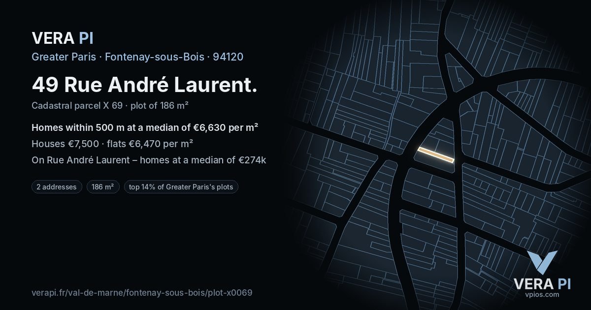 49 Rue André Laurent, Fontenay-sous-Bois at night – the plot lit, the parcels around coloured by the prices near them