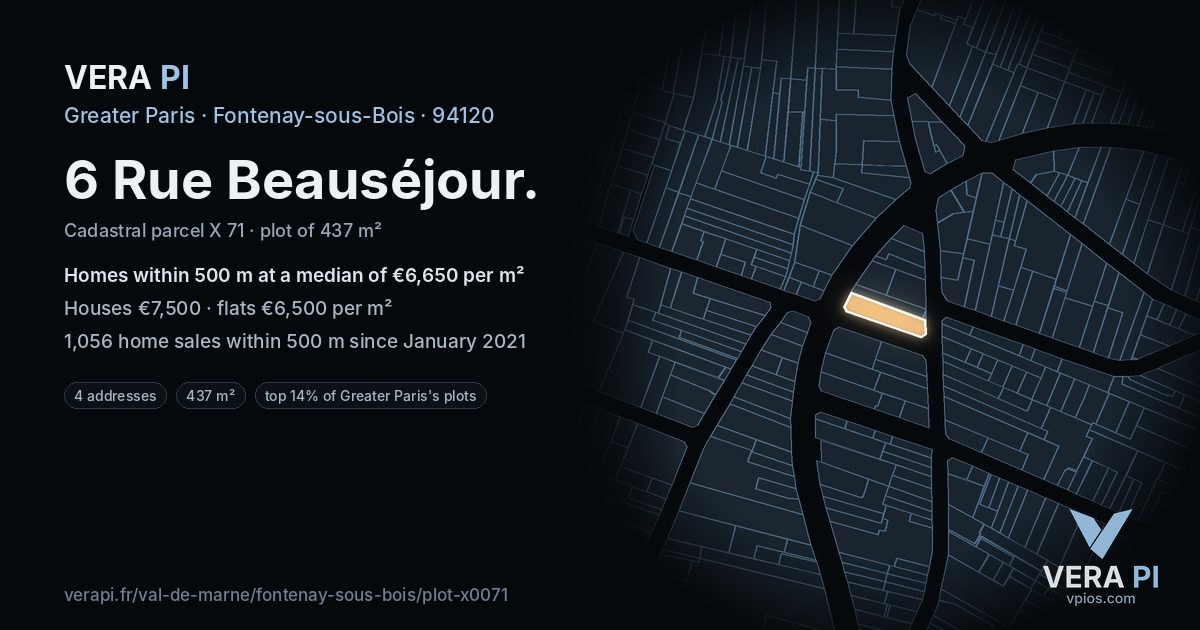 6 Rue Beauséjour, Fontenay-sous-Bois at night – the plot lit, the parcels around coloured by the prices near them