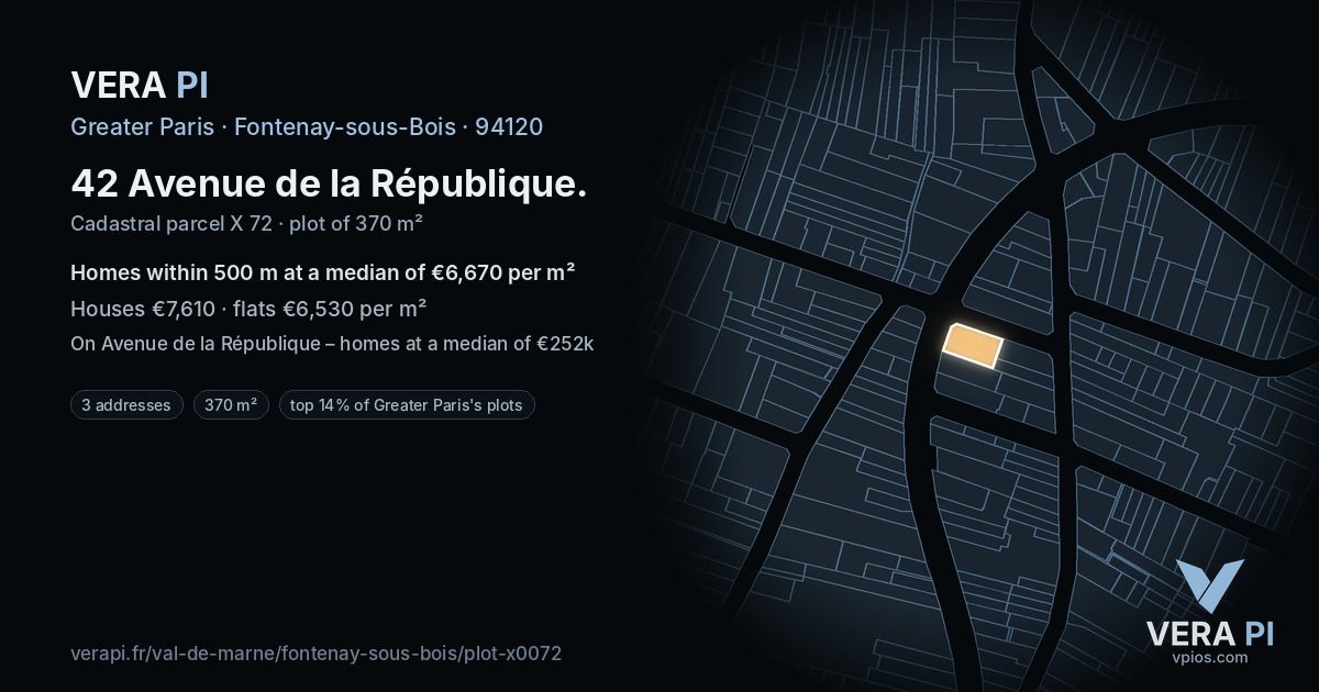 42 Avenue de la République, Fontenay-sous-Bois at night – the plot lit, the parcels around coloured by the prices near them