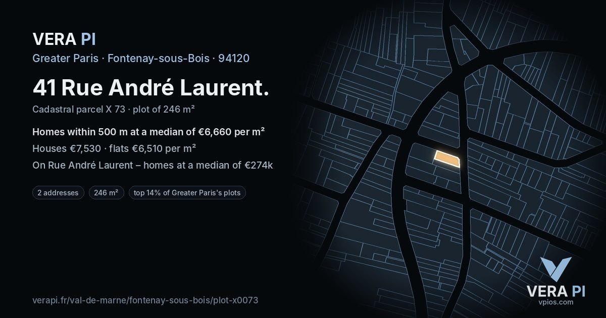41 Rue André Laurent, Fontenay-sous-Bois at night – the plot lit, the parcels around coloured by the prices near them