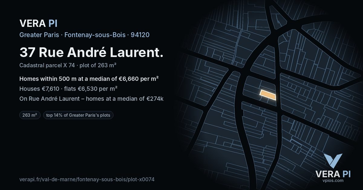 37 Rue André Laurent, Fontenay-sous-Bois at night – the plot lit, the parcels around coloured by the prices near them