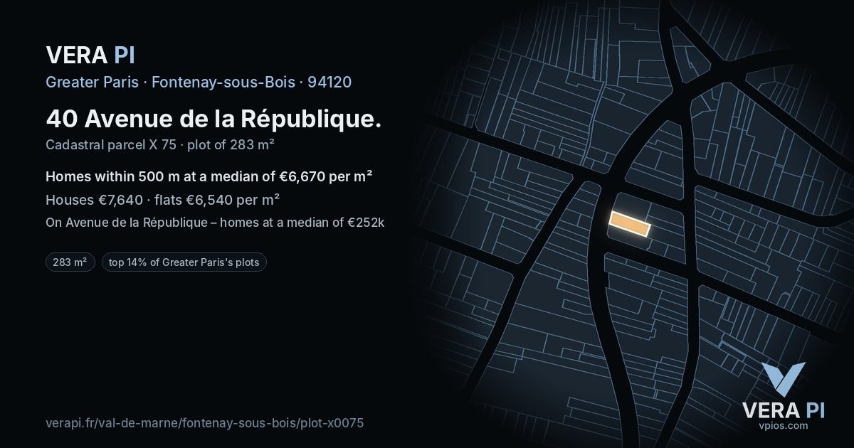 40 Avenue de la République, Fontenay-sous-Bois at night – the plot lit, the parcels around coloured by the prices near them