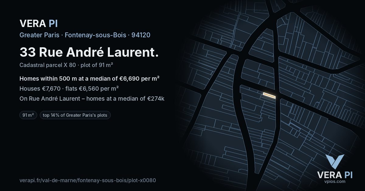 33 Rue André Laurent, Fontenay-sous-Bois at night – the plot lit, the parcels around coloured by the prices near them