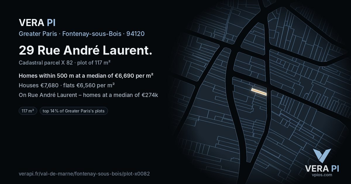 29 Rue André Laurent, Fontenay-sous-Bois at night – the plot lit, the parcels around coloured by the prices near them