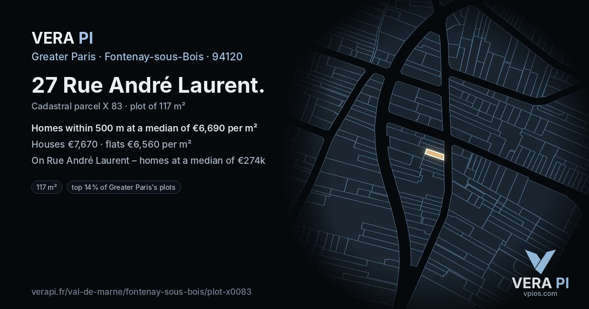 27 Rue André Laurent, Fontenay-sous-Bois at night – the plot lit, the parcels around coloured by the prices near them