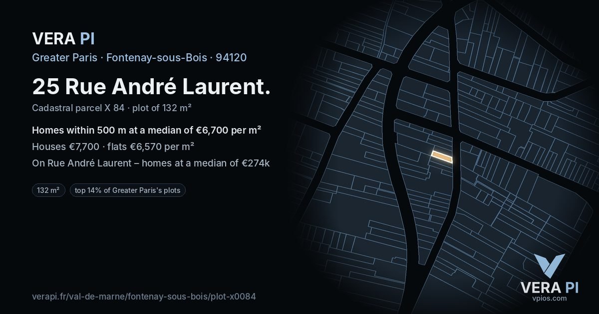 25 Rue André Laurent, Fontenay-sous-Bois at night – the plot lit, the parcels around coloured by the prices near them