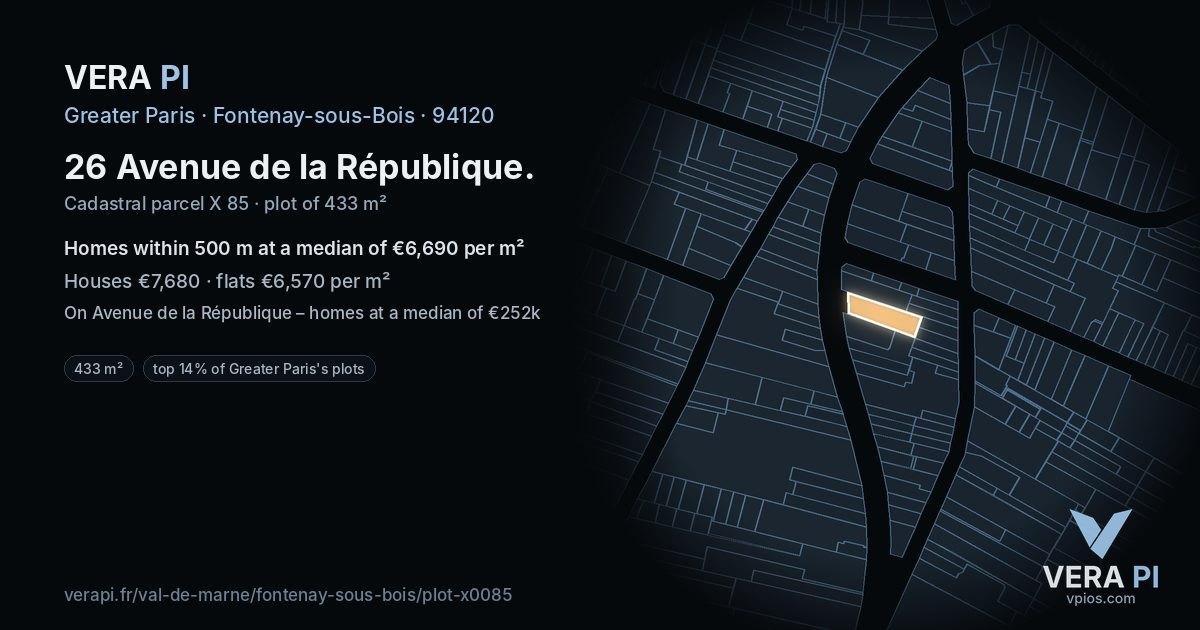 26 Avenue de la République, Fontenay-sous-Bois at night – the plot lit, the parcels around coloured by the prices near them