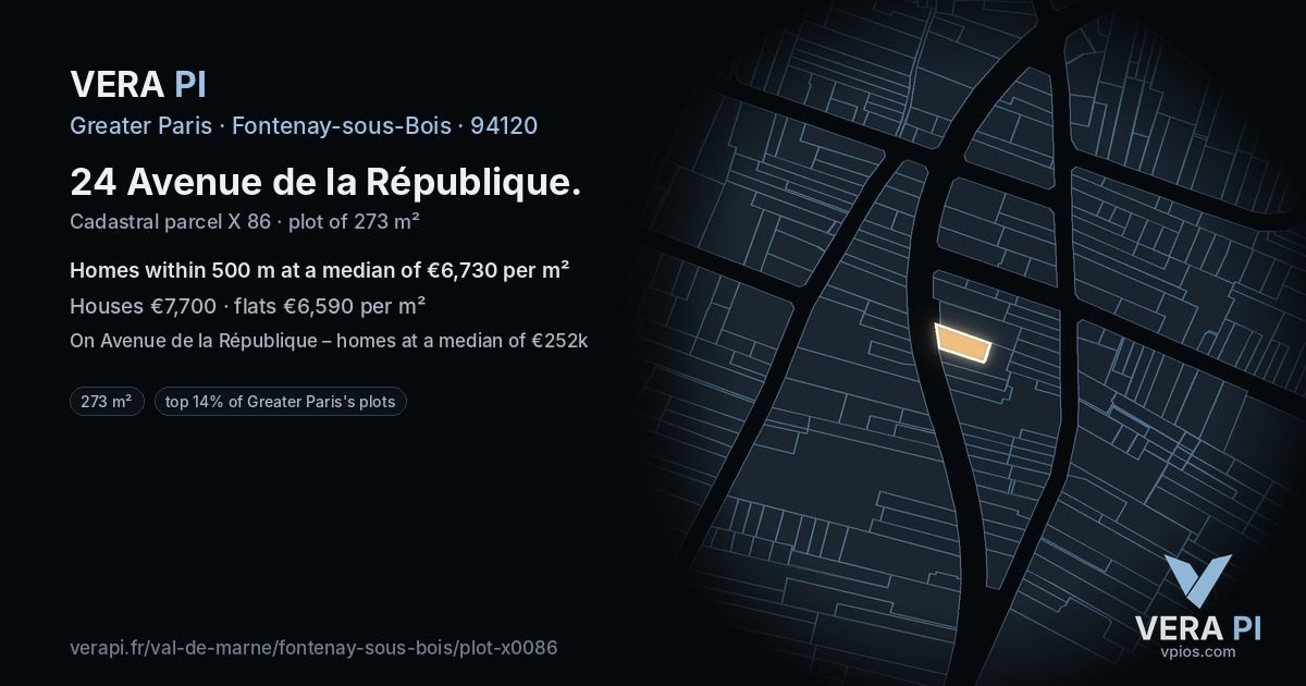 24 Avenue de la République, Fontenay-sous-Bois at night – the plot lit, the parcels around coloured by the prices near them