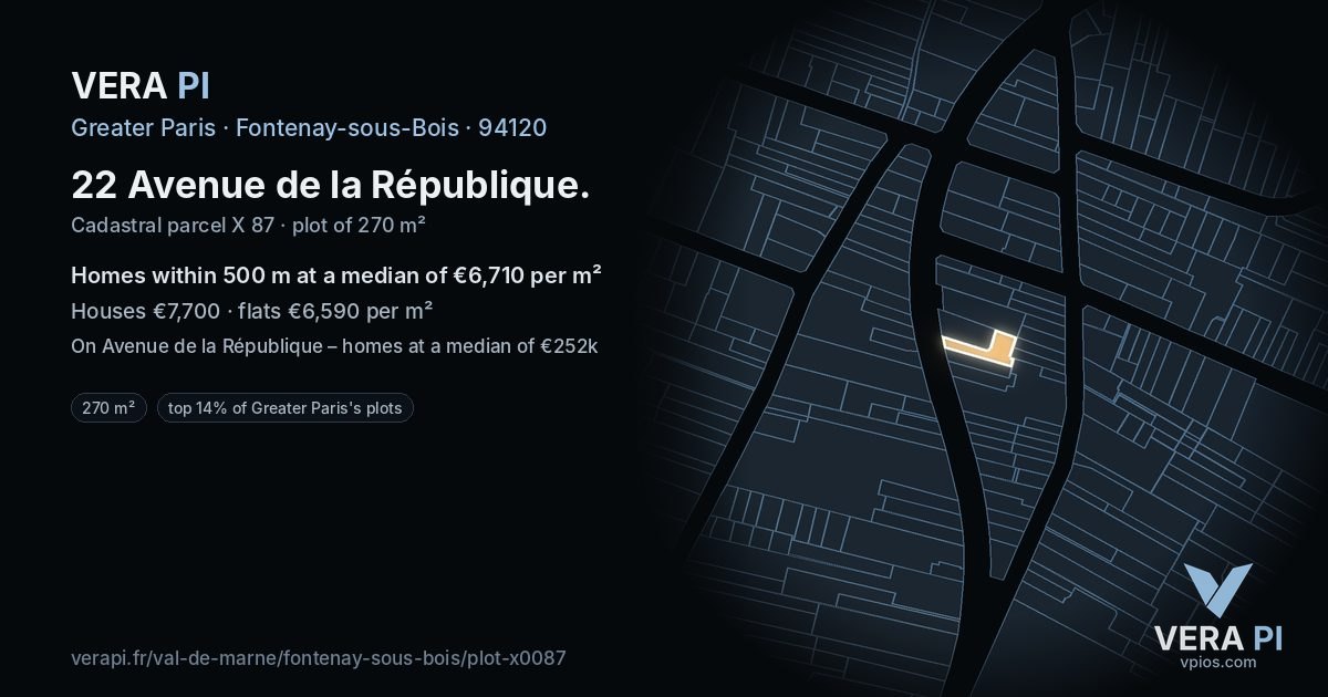 22 Avenue de la République, Fontenay-sous-Bois at night – the plot lit, the parcels around coloured by the prices near them