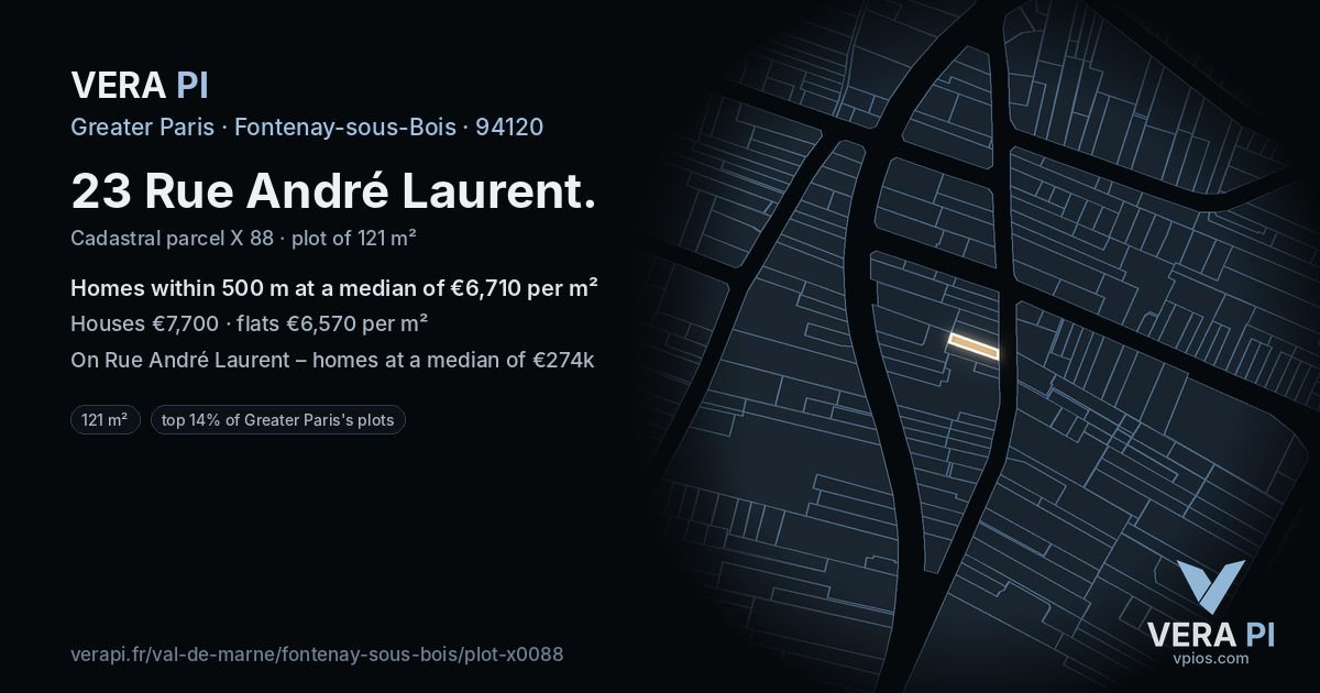 23 Rue André Laurent, Fontenay-sous-Bois at night – the plot lit, the parcels around coloured by the prices near them