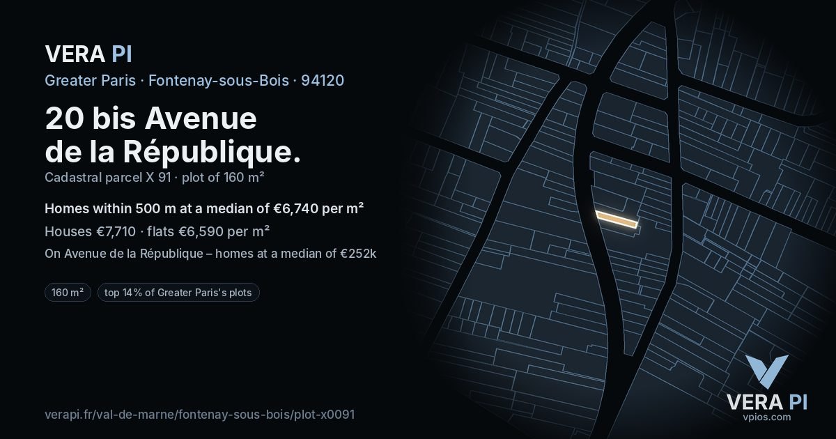 20 bis Avenue de la République, Fontenay-sous-Bois at night – the plot lit, the parcels around coloured by the prices near them