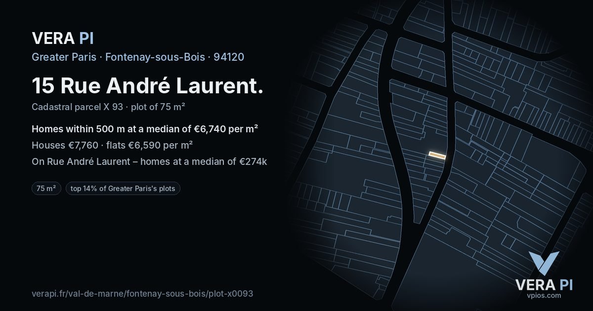 15 Rue André Laurent, Fontenay-sous-Bois at night – the plot lit, the parcels around coloured by the prices near them