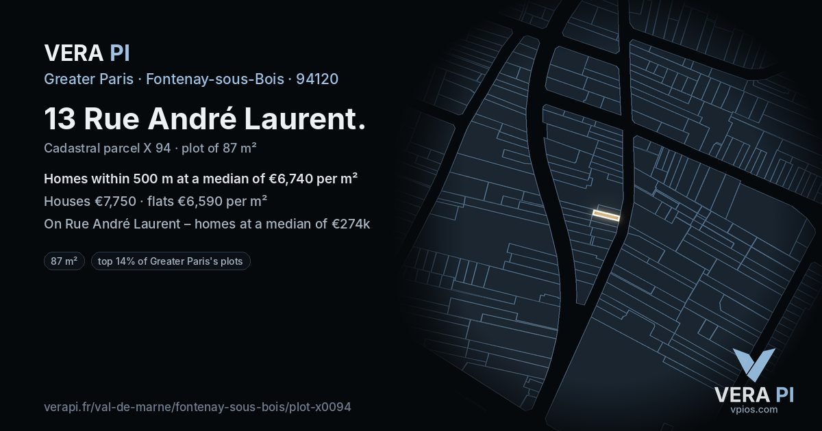13 Rue André Laurent, Fontenay-sous-Bois at night – the plot lit, the parcels around coloured by the prices near them