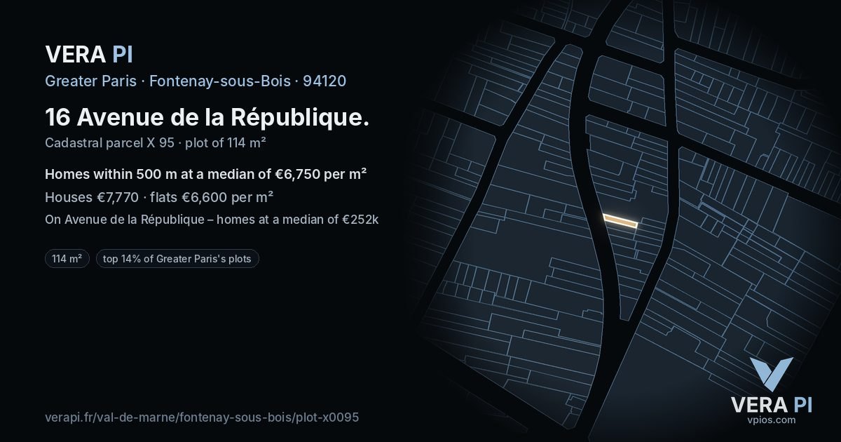 16 Avenue de la République, Fontenay-sous-Bois at night – the plot lit, the parcels around coloured by the prices near them