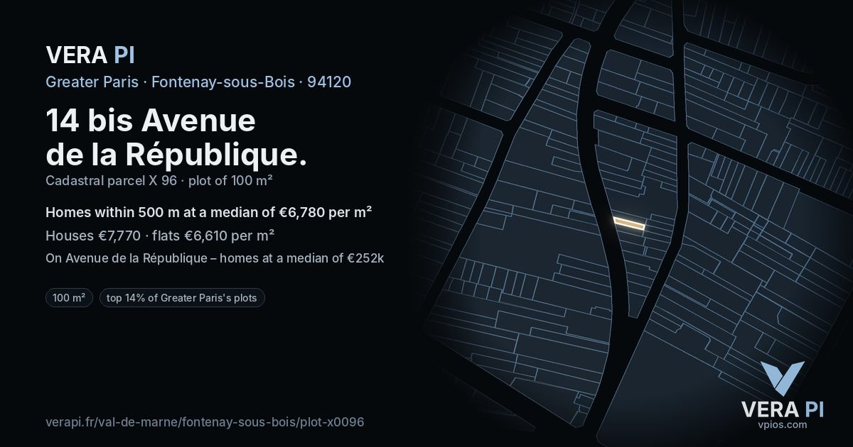 14 bis Avenue de la République, Fontenay-sous-Bois at night – the plot lit, the parcels around coloured by the prices near them