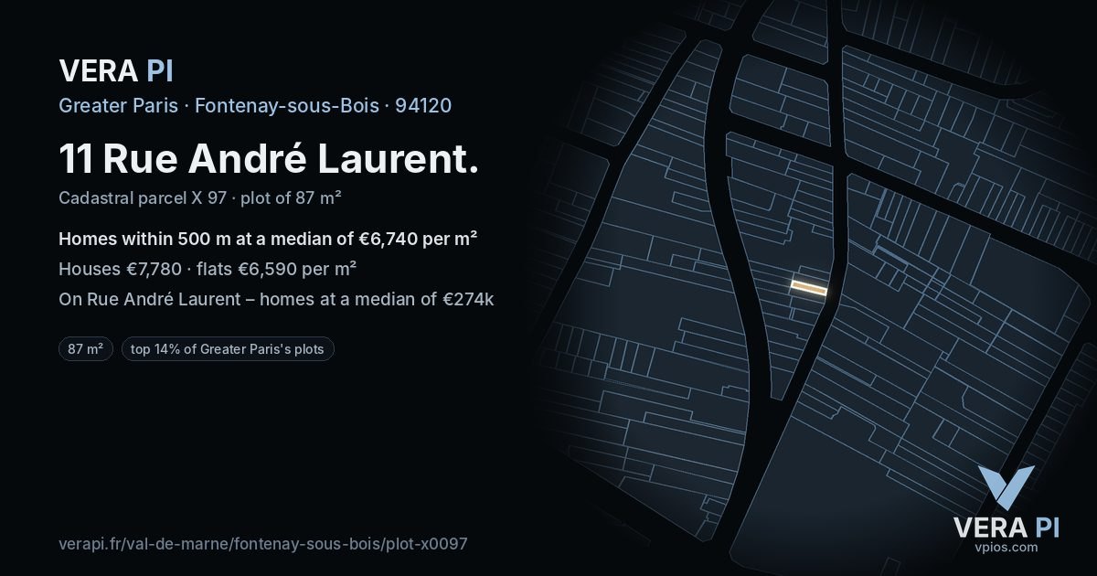 11 Rue André Laurent, Fontenay-sous-Bois at night – the plot lit, the parcels around coloured by the prices near them
