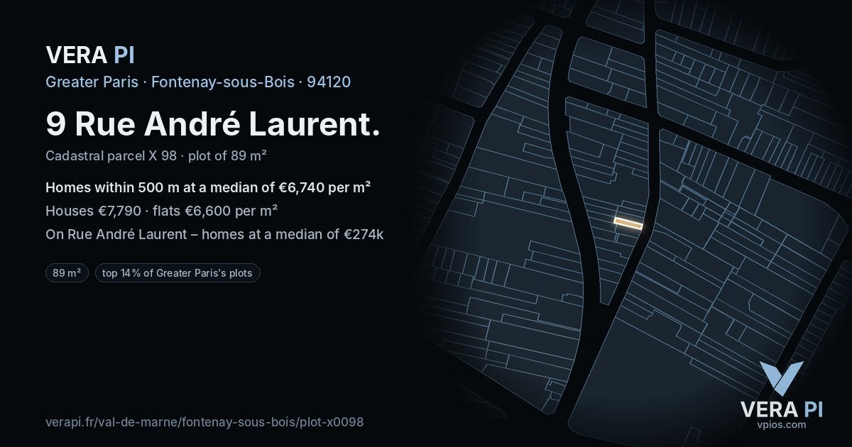 9 Rue André Laurent, Fontenay-sous-Bois at night – the plot lit, the parcels around coloured by the prices near them