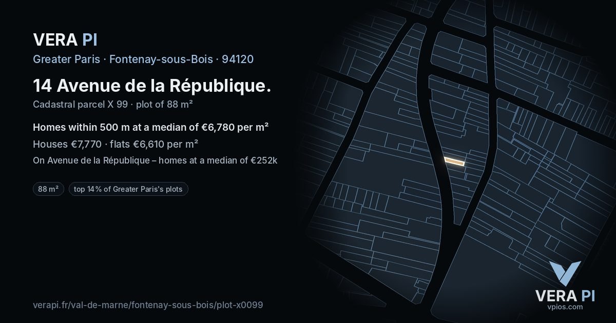 14 Avenue de la République, Fontenay-sous-Bois at night – the plot lit, the parcels around coloured by the prices near them