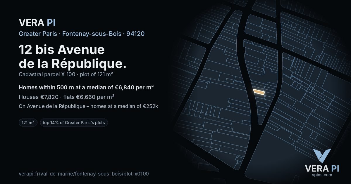 12 bis Avenue de la République, Fontenay-sous-Bois at night – the plot lit, the parcels around coloured by the prices near them
