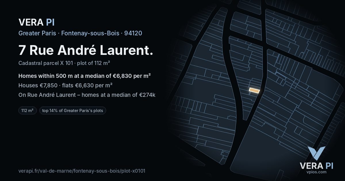 7 Rue André Laurent, Fontenay-sous-Bois at night – the plot lit, the parcels around coloured by the prices near them