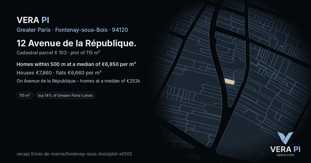 12 Avenue de la République, Fontenay-sous-Bois at night – the plot lit, the parcels around coloured by the prices near them