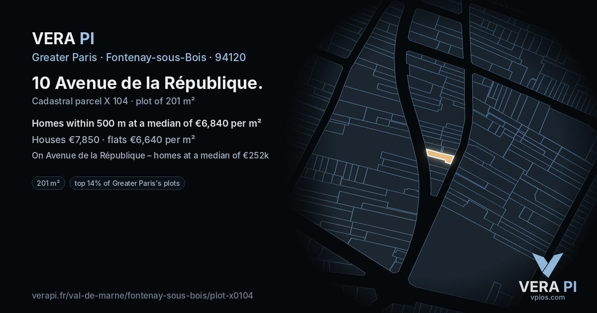 10 Avenue de la République, Fontenay-sous-Bois at night – the plot lit, the parcels around coloured by the prices near them