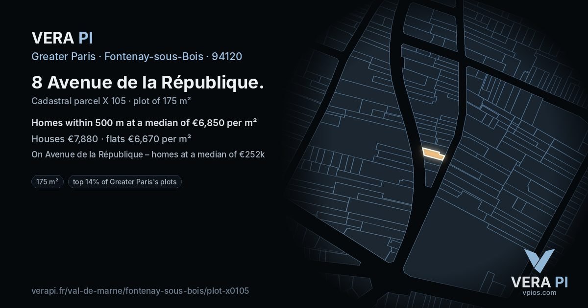 8 Avenue de la République, Fontenay-sous-Bois at night – the plot lit, the parcels around coloured by the prices near them