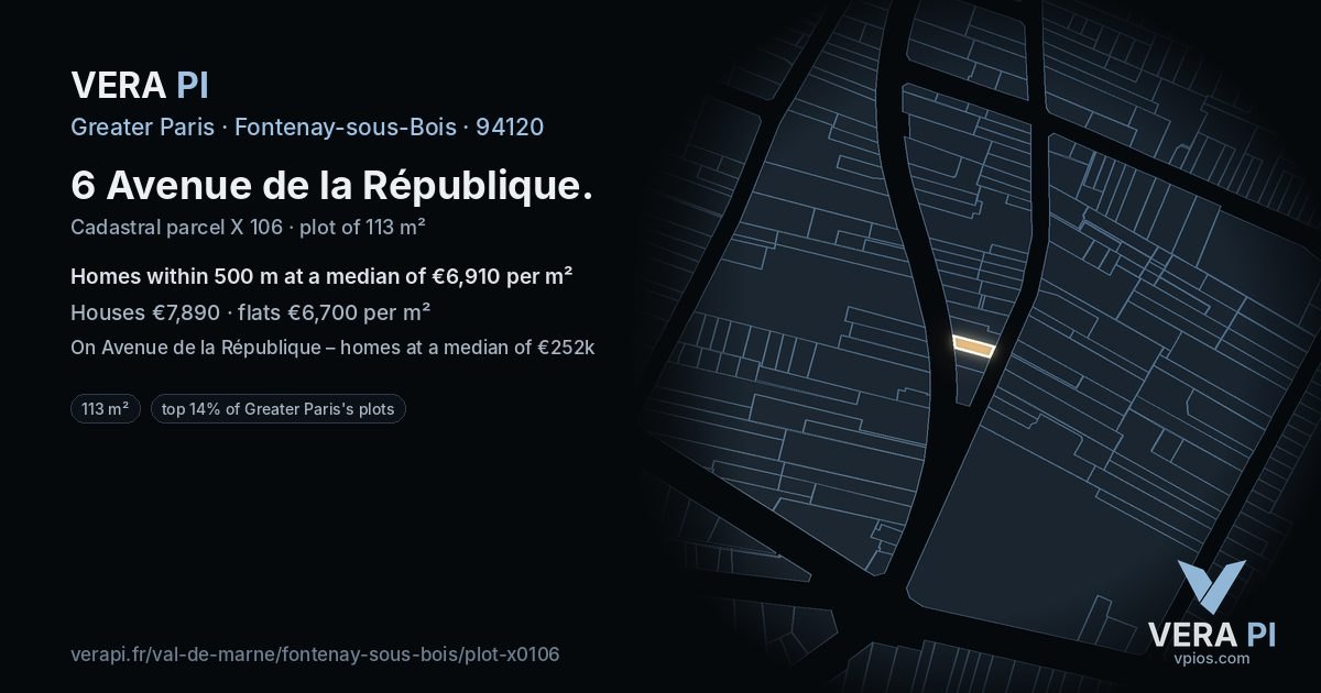 6 Avenue de la République, Fontenay-sous-Bois at night – the plot lit, the parcels around coloured by the prices near them