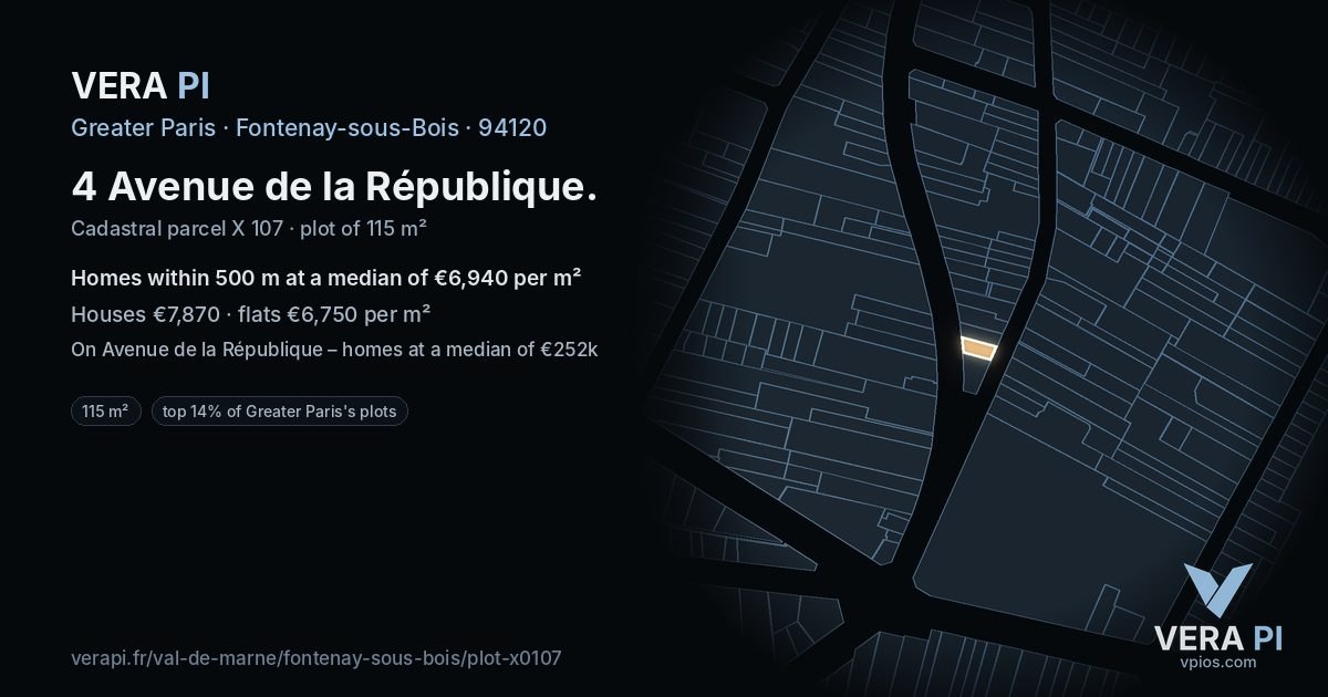 4 Avenue de la République, Fontenay-sous-Bois at night – the plot lit, the parcels around coloured by the prices near them