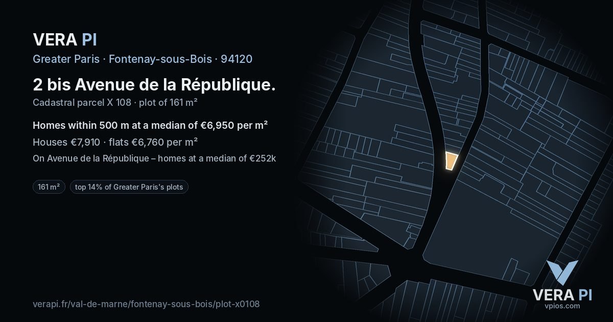 2 bis Avenue de la République, Fontenay-sous-Bois at night – the plot lit, the parcels around coloured by the prices near them