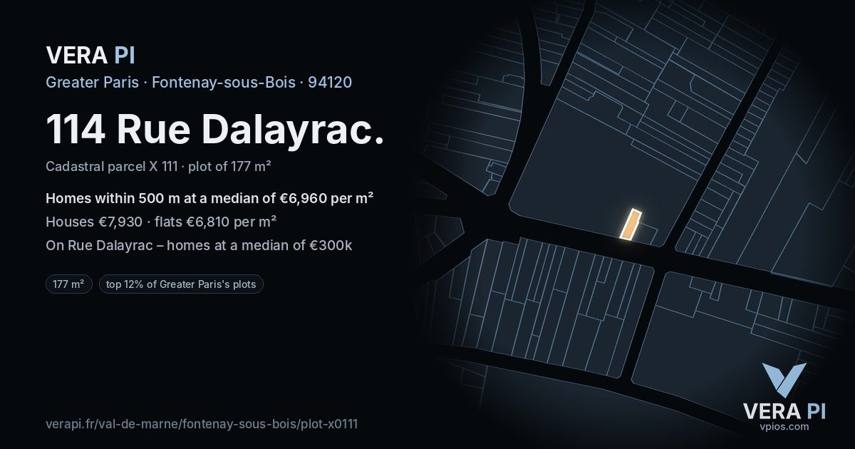 114 Rue Dalayrac, Fontenay-sous-Bois at night – the plot lit, the parcels around coloured by the prices near them