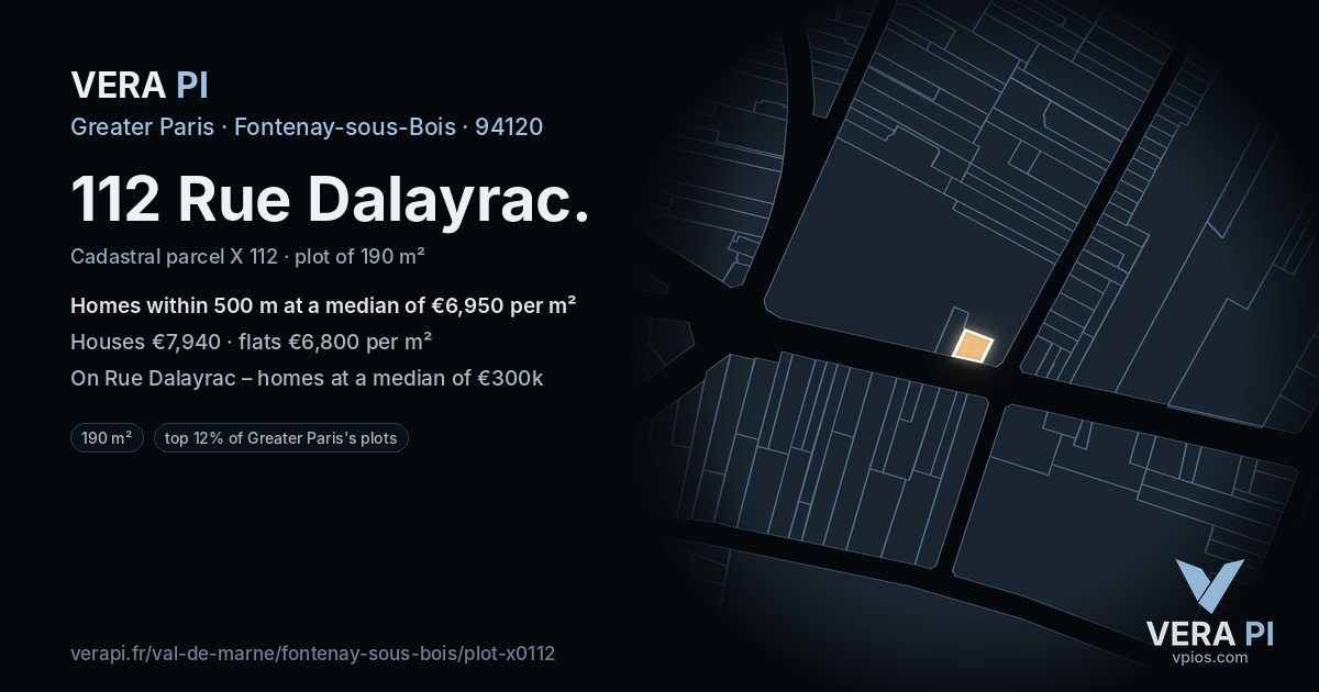 112 Rue Dalayrac, Fontenay-sous-Bois at night – the plot lit, the parcels around coloured by the prices near them