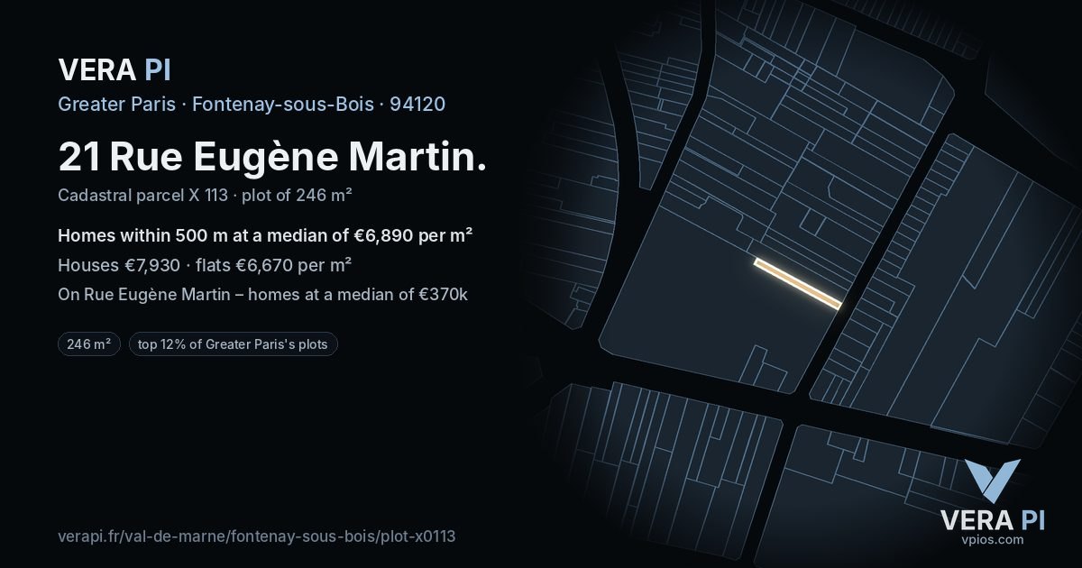 21 Rue Eugène Martin, Fontenay-sous-Bois at night – the plot lit, the parcels around coloured by the prices near them
