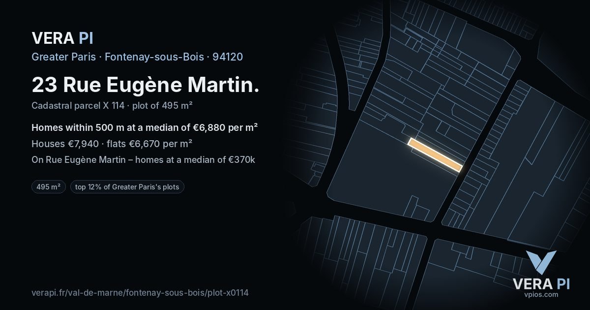23 Rue Eugène Martin, Fontenay-sous-Bois at night – the plot lit, the parcels around coloured by the prices near them