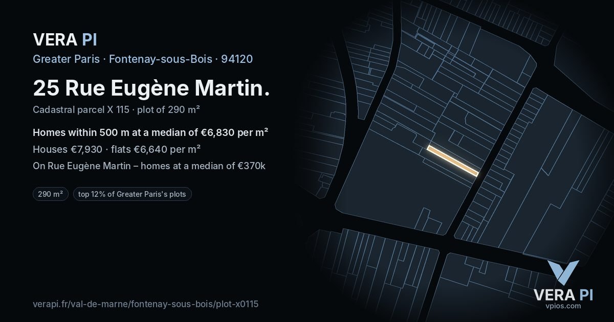 25 Rue Eugène Martin, Fontenay-sous-Bois at night – the plot lit, the parcels around coloured by the prices near them