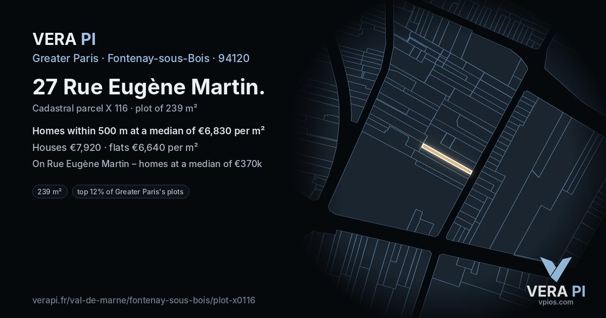 27 Rue Eugène Martin, Fontenay-sous-Bois at night – the plot lit, the parcels around coloured by the prices near them