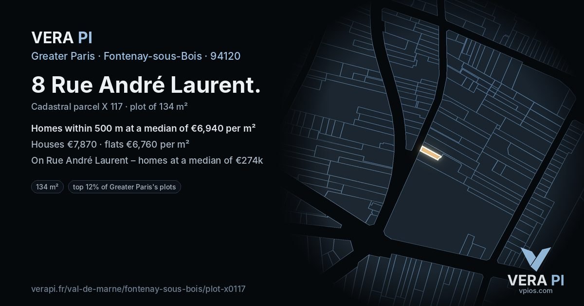 8 Rue André Laurent, Fontenay-sous-Bois at night – the plot lit, the parcels around coloured by the prices near them
